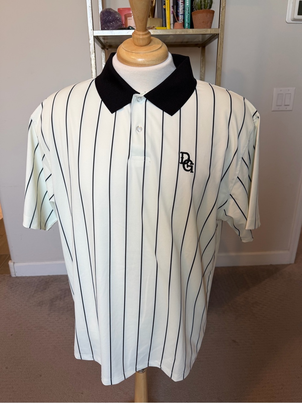 Devereux Men's White Pinstripe Polo with Black Collar